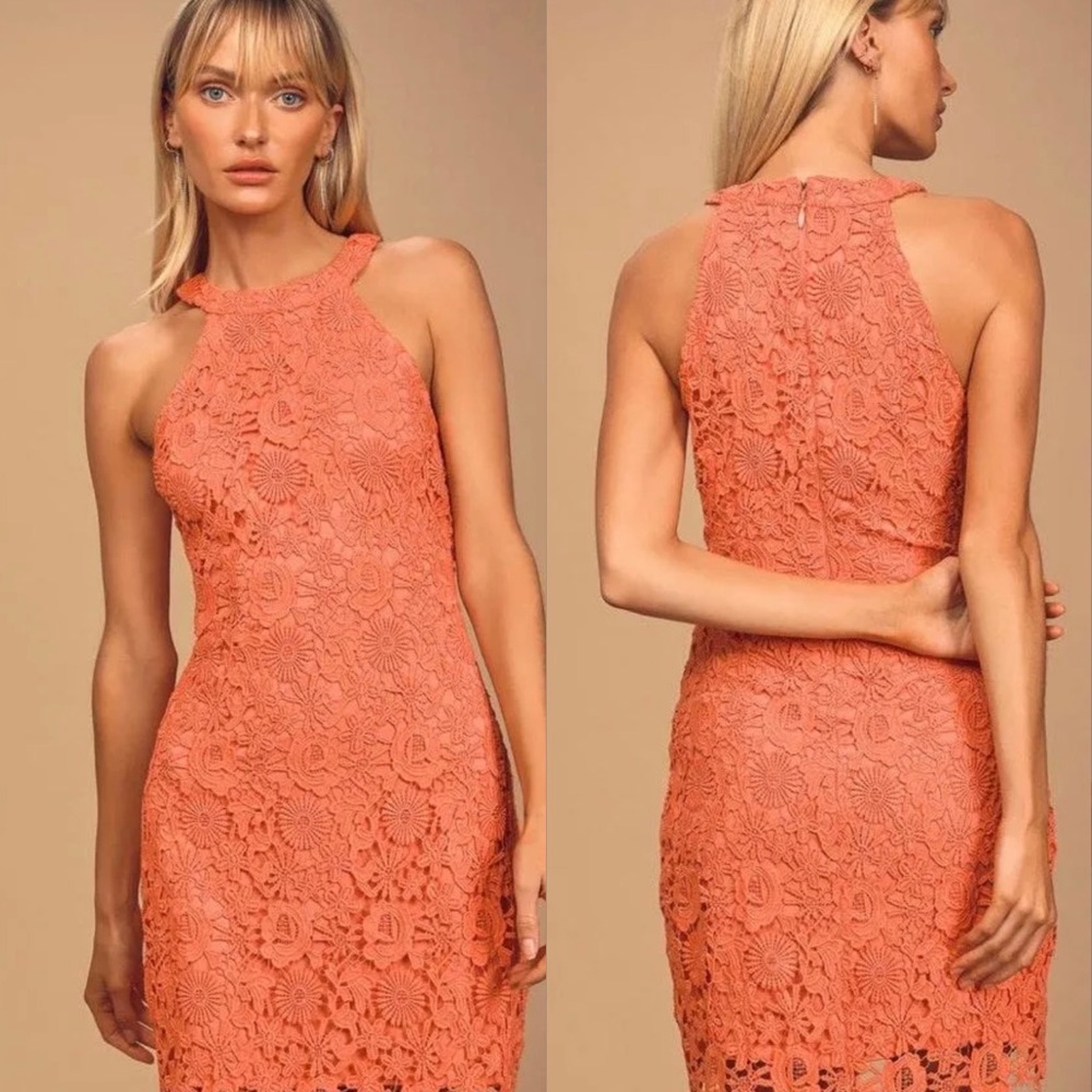 Lulus Coral Love Poem Lace mini short dress